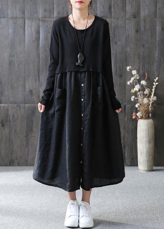 100% cotton Tunic Omychic Cotton Solid Spliced Female Long Sleeve Black Dress