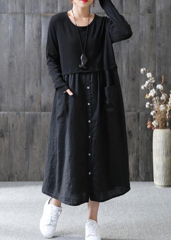 100% cotton Tunic Omychic Cotton Solid Spliced Female Long Sleeve Black Dress