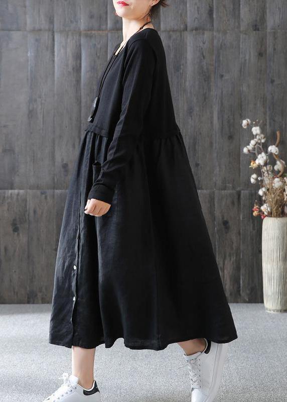 100% cotton Tunic Omychic Cotton Solid Spliced Female Long Sleeve Black Dress