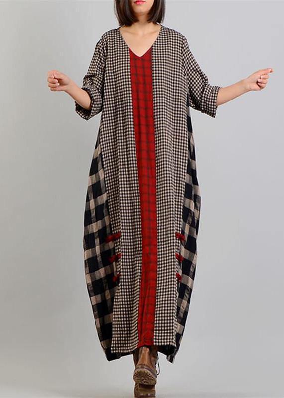 2025 black Plaid autumn Loose fitting v neck patchwork traveling clothing vintage Chinese Button dresses