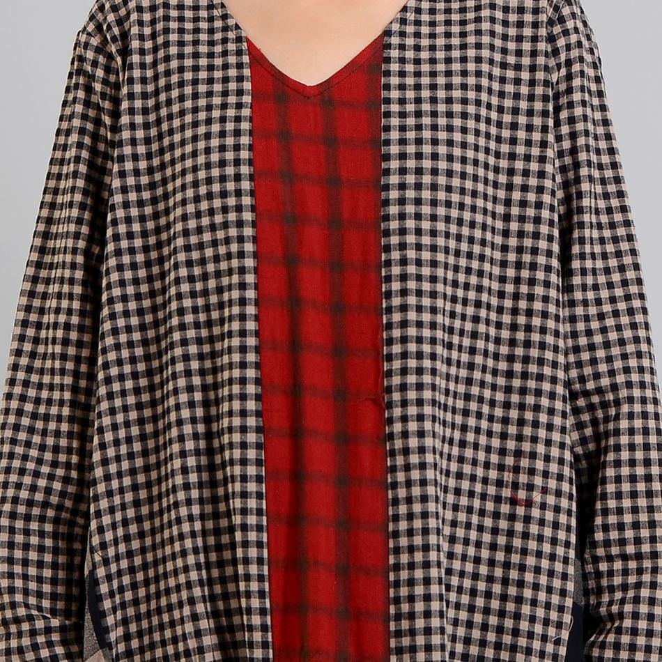 2025 black Plaid autumn Loose fitting v neck patchwork traveling clothing vintage Chinese Button dresses