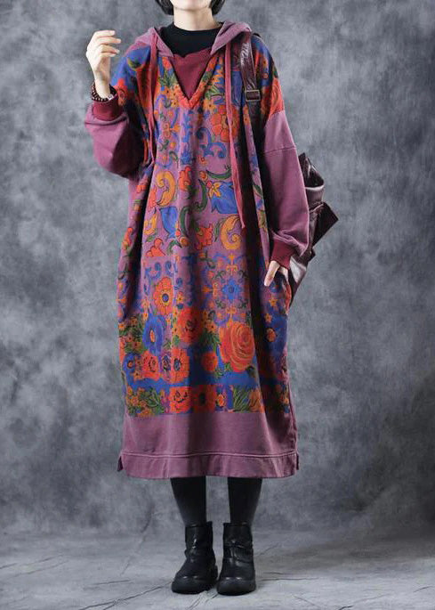 Vintage Loose Hoodie Print Long Fleece Dresses