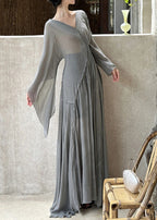 Art Grey V Neck Wrinkled Cotton Maxi Dresses Long Sleeve