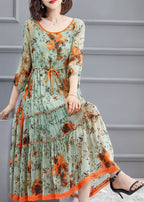 Beautiful Light Green O-Neck tie waist wrinkled Silk Dress Spring