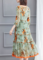 Beautiful Light Green O-Neck tie waist wrinkled Silk Dress Spring