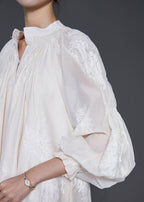 Beautiful Off White Embroidered Silk Maxi Dress Lantern Sleeve