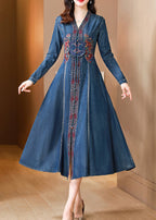 Bohemian Blue V Neck Embroidered Patchwork Denim Dresses Fall