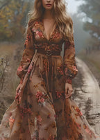 Bohemian Caramel V Neck Print Exra Large Hem Chiffon Dress Spring