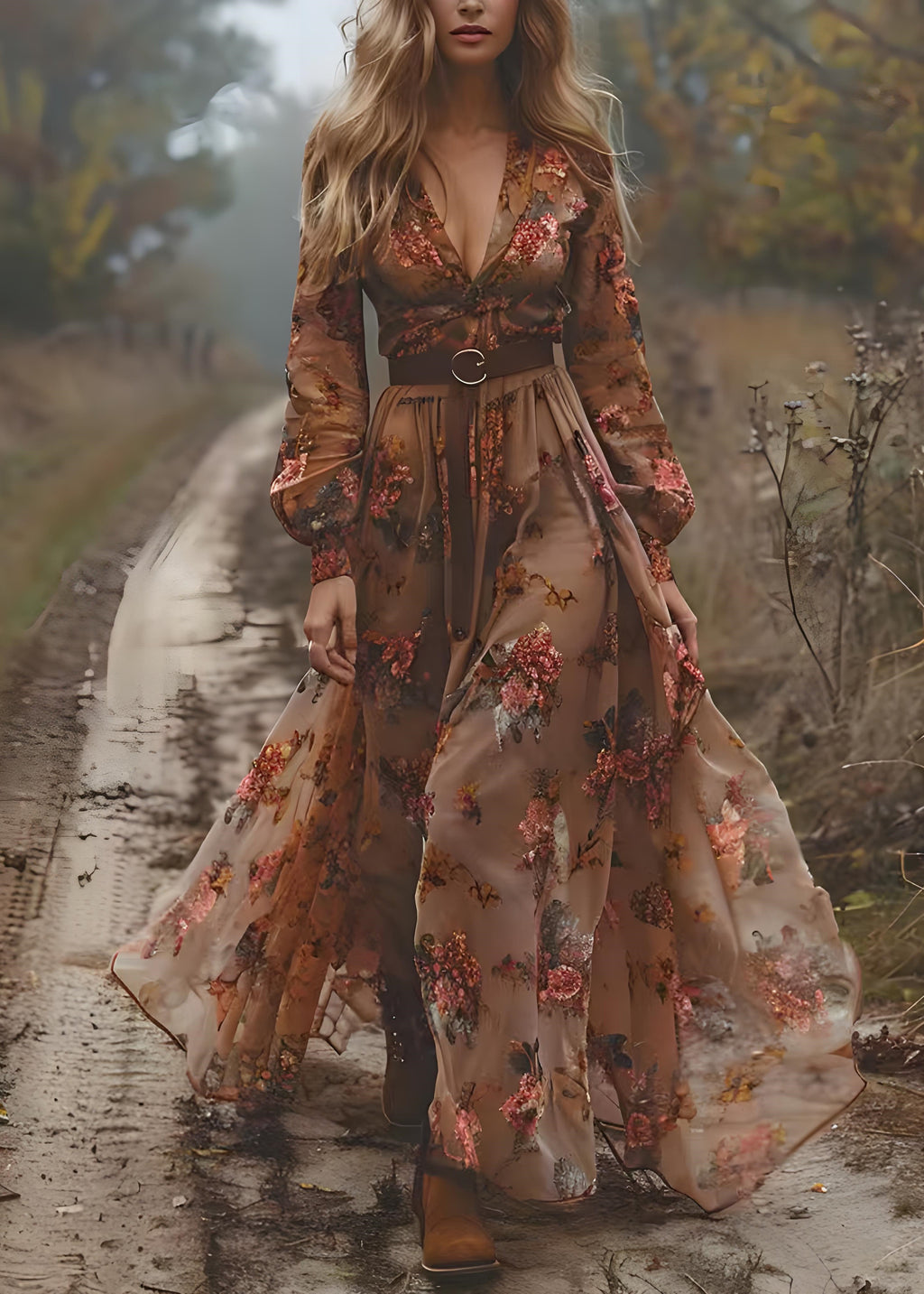 Bohemian Caramel V Neck Print Exra Large Hem Chiffon Dress Spring