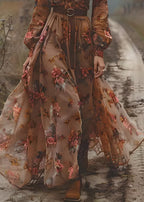 Bohemian Caramel V Neck Print Exra Large Hem Chiffon Dress Spring