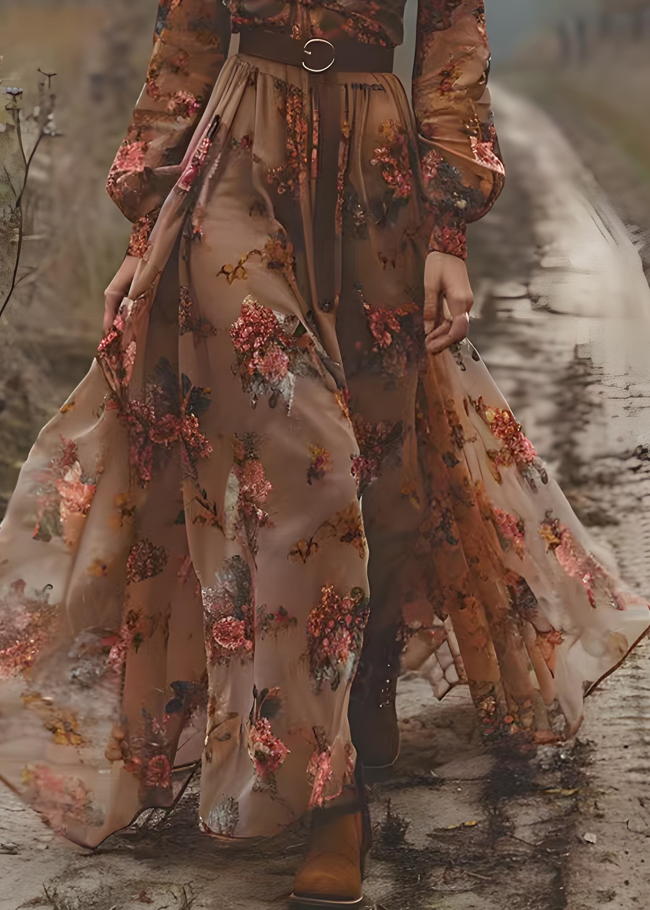 Bohemian Caramel V Neck Print Exra Large Hem Chiffon Dress Spring