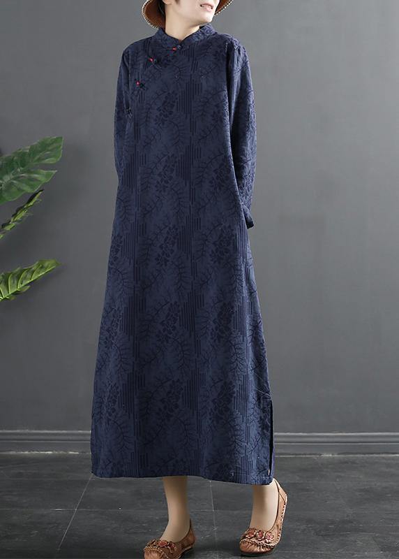 Bohemian Stand Collar dress Blue Jacquard Maxi Dresses