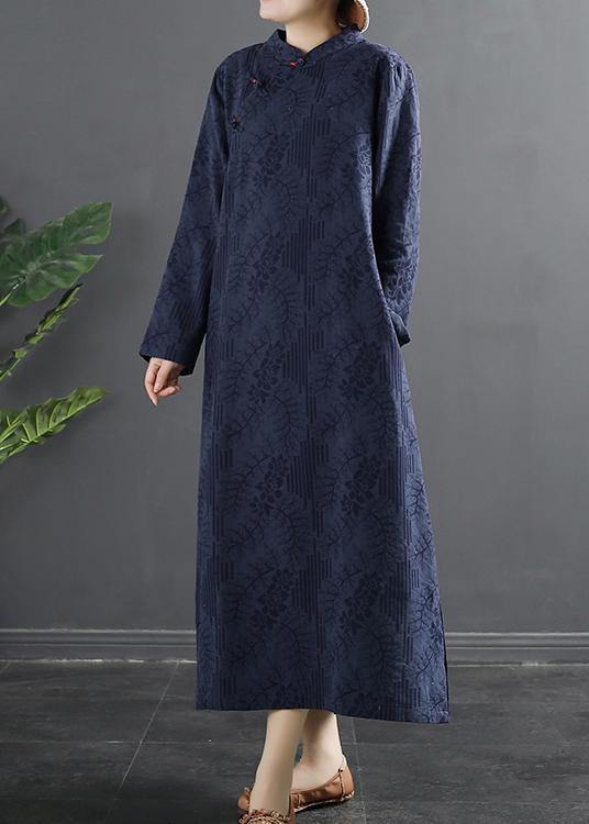 Bohemian Stand Collar dress Blue Jacquard Maxi Dresses
