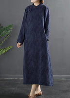 Bohemian Stand Collar dress Blue Jacquard Maxi Dresses