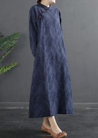 Bohemian Stand Collar dress Blue Jacquard Maxi Dresses