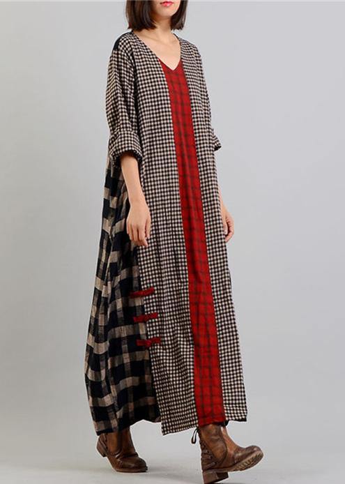 Bohemian v neck patchwork cotton linen spring quilting clothes Tunic Tops plaid Dresses