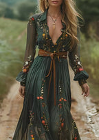 Boho Green Peter Pan Collar Print Wrinkled Chiffon Long Dresses Spring