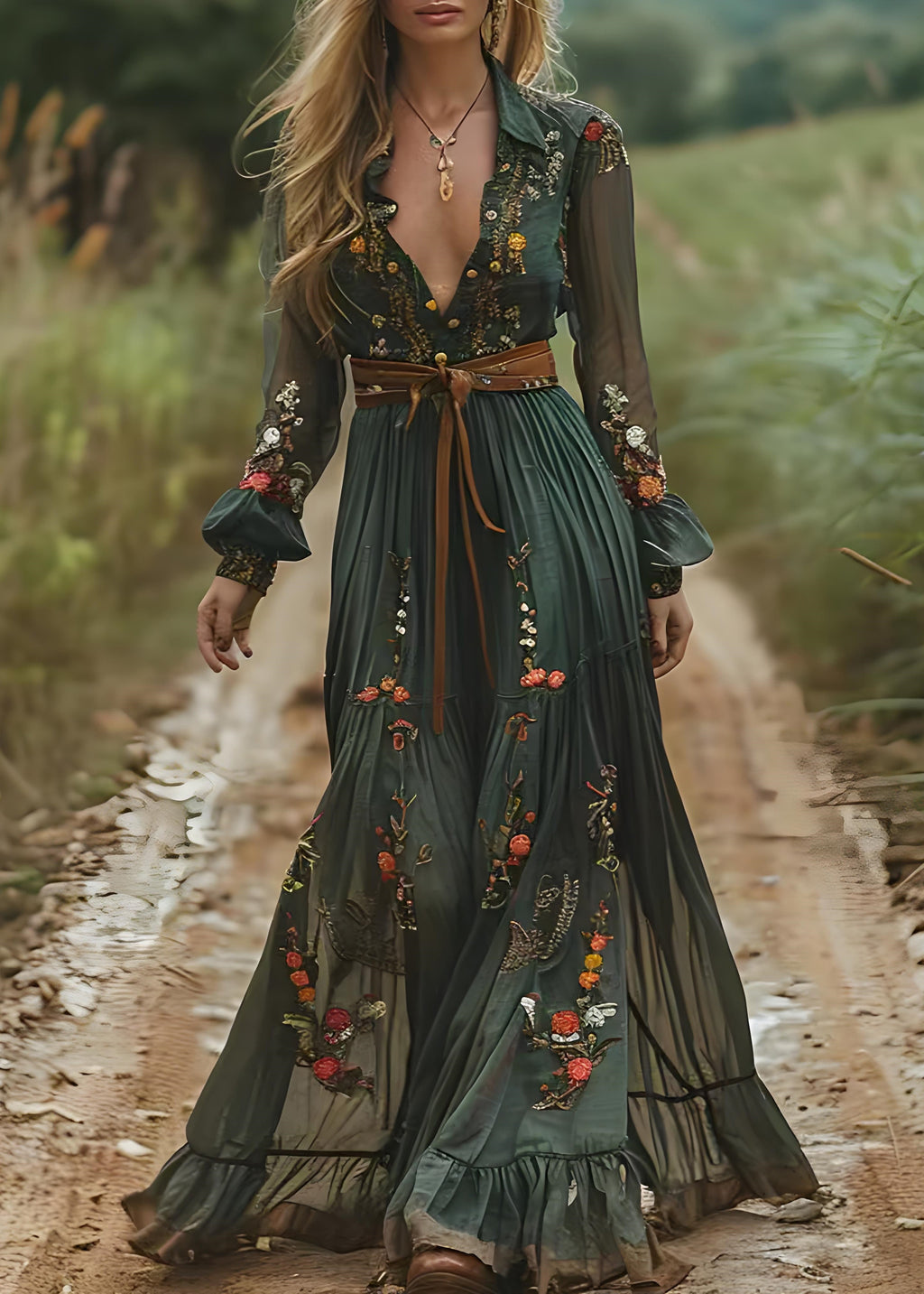 Boho Green Peter Pan Collar Print Wrinkled Chiffon Long Dresses Spring