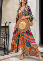 Boho V Neck Print Wrinkled Cotton Long Dress Spring