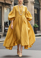 Boho Yellow Exra Large Hem Cotton Maxi Dresses Lantern Sleeve