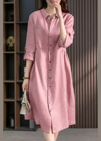Casual Pink Peter Pan Collar Button Wrinkled Maxi Dresses Long Sleeve