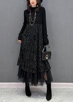 Chic Black Embroideried Tulle Patchwork Knit Dresses Winter