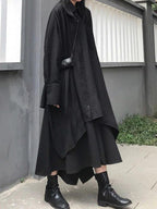 Chic lapel asymmetric cotton spring for women black A Line shirt Dresses