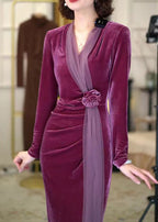 Chinese Style Purple V Neck Wrinkled Rose Silk Velvet Long Dress Winter