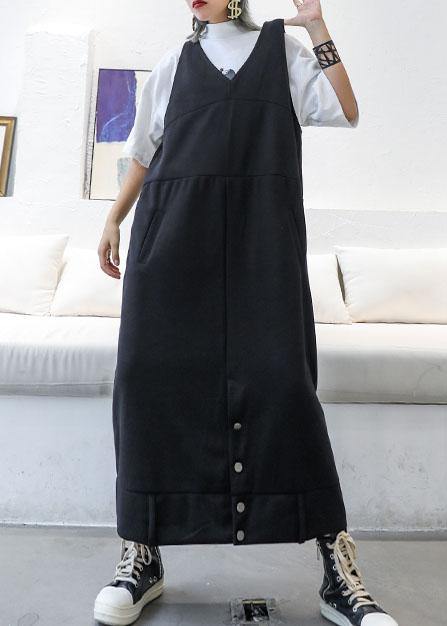 Classy sleeveless cotton dresses Tutorials black v neck long Dresses fall