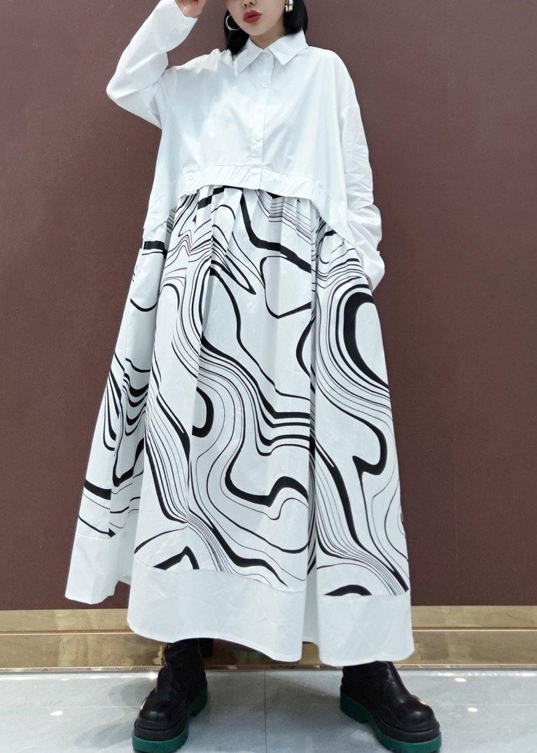 DIY White Print Clothes Lapel Patchwork Maxi Spring Dresses