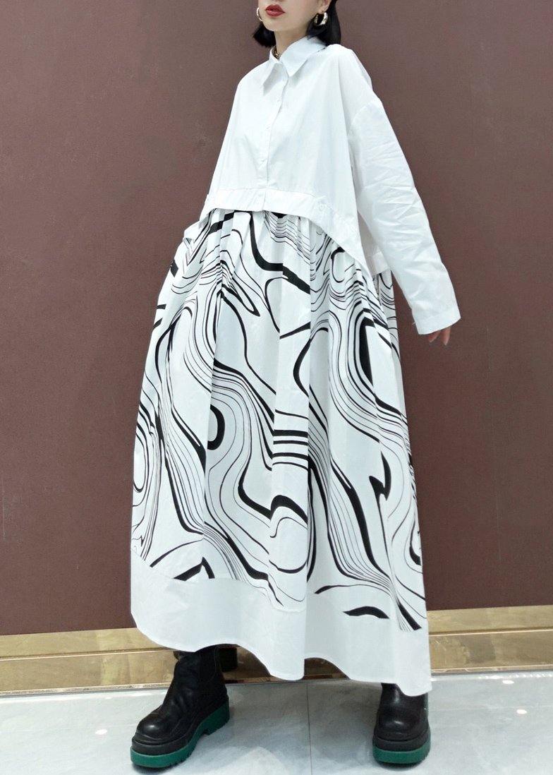 DIY White Print Clothes Lapel Patchwork Maxi Spring Dresses