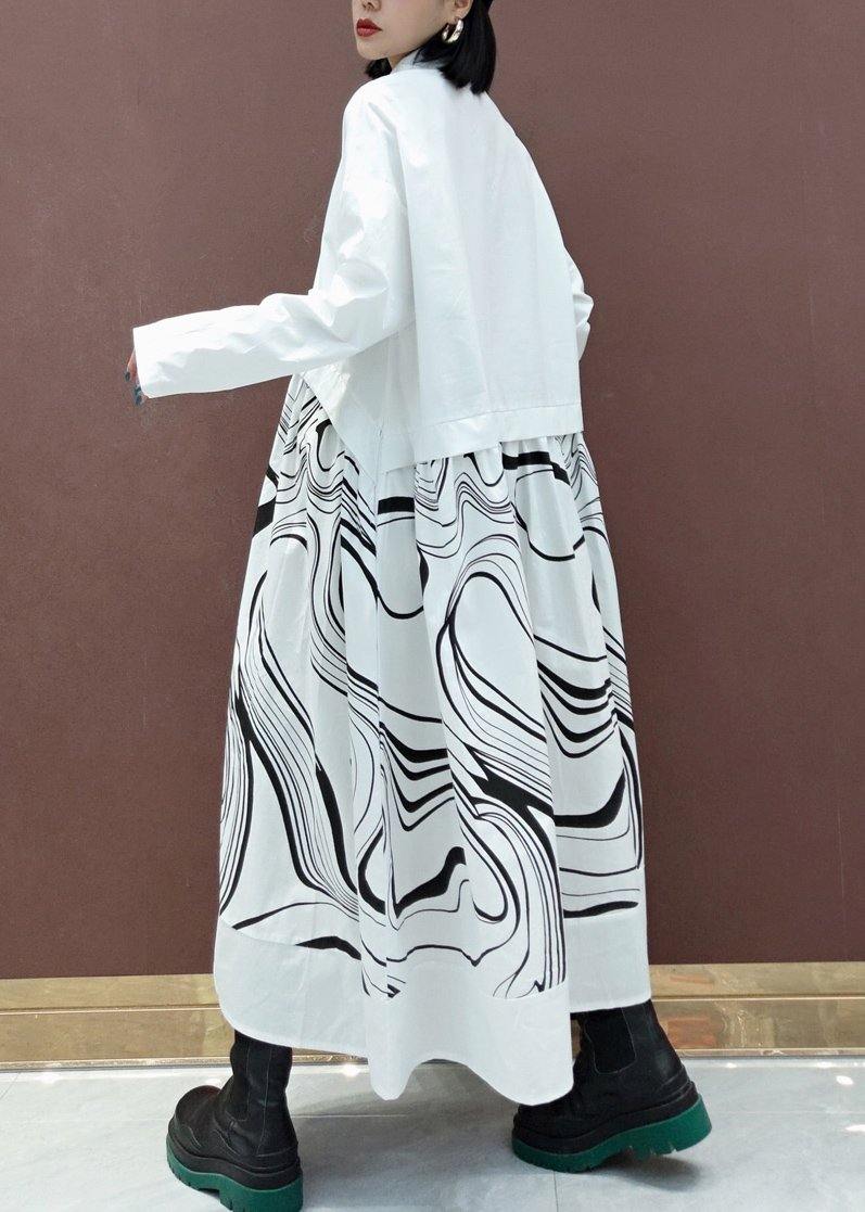 DIY White Print Clothes Lapel Patchwork Maxi Spring Dresses