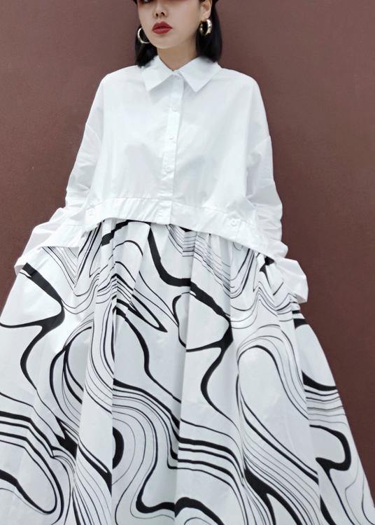 DIY White Print Clothes Lapel Patchwork Maxi Spring Dresses