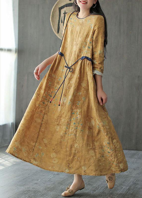 DIY Yellow O-Neck Print Tie Waist Long Sleeve Fall Dress