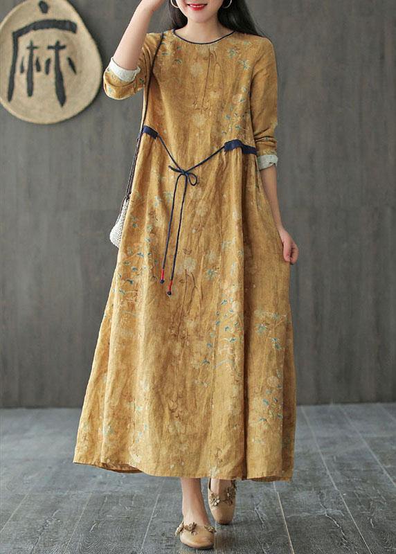 DIY Yellow O-Neck Print Tie Waist Long Sleeve Fall Dress