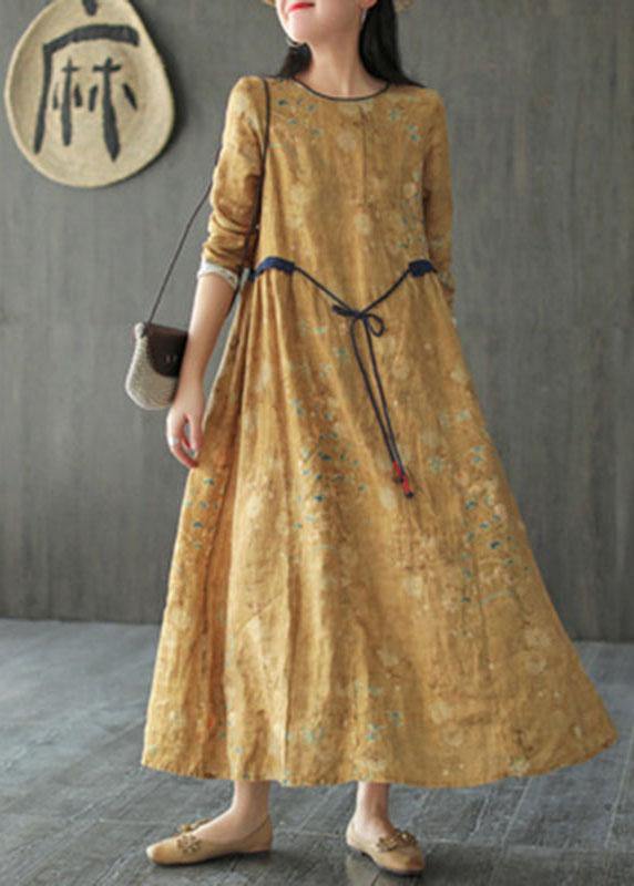 DIY Yellow O-Neck Print Tie Waist Long Sleeve Fall Dress