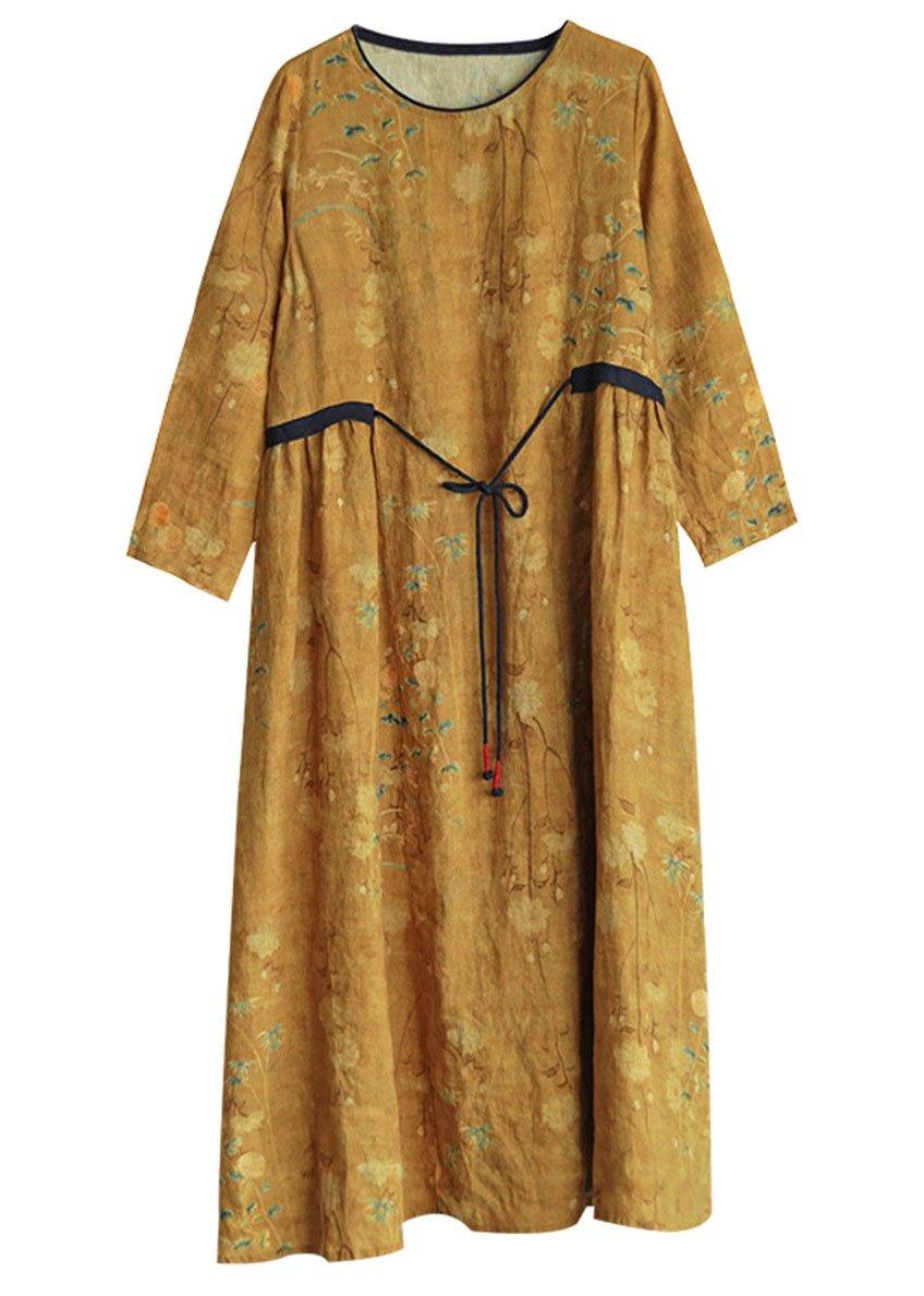 DIY Yellow O-Neck Print Tie Waist Long Sleeve Fall Dress