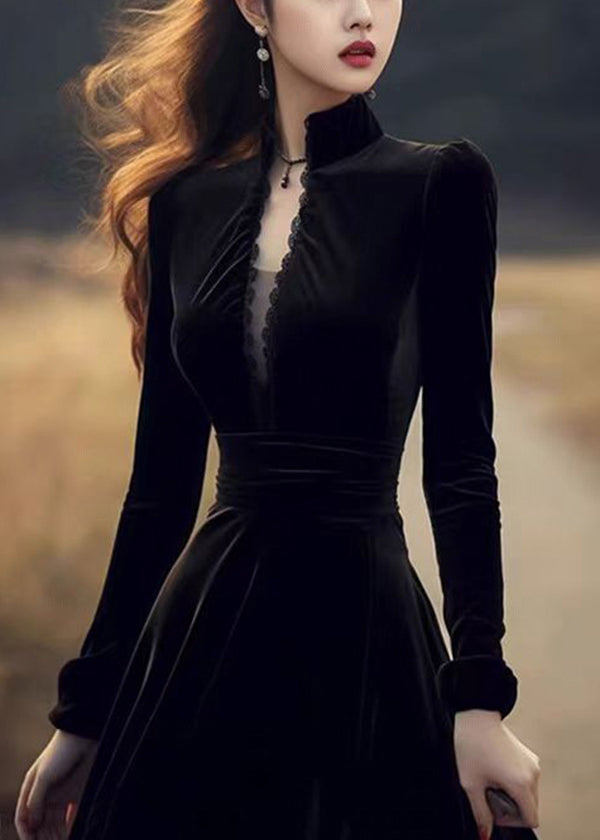 Elegant Black Stand Collar Patchwork Slim Fit Velvet Dresses Spring
