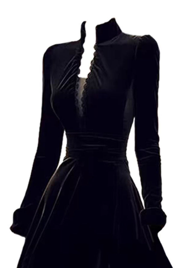Elegant Black Stand Collar Patchwork Slim Fit Velvet Dresses Spring