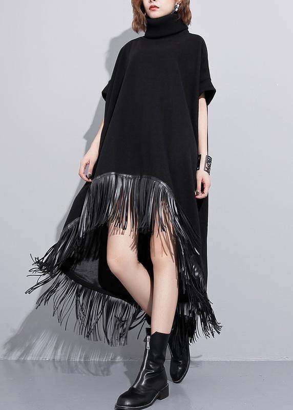 Elegant high neck tassel cotton Tunic Fabrics black Dresses