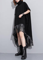 Elegant high neck tassel cotton Tunic Fabrics black Dresses