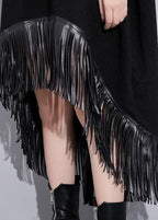 Elegant high neck tassel cotton Tunic Fabrics black Dresses