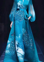 Exquisite Blue Stand Collar Printed Tie Waist Dress Autumn