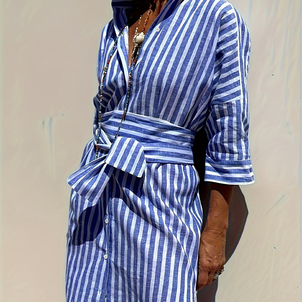 CHRISTINE | STRIPED PRINT DRESS WITH BUTTON CLOSURE AND BELT