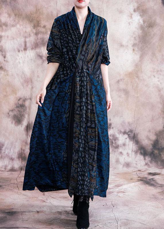 Style v neck pockets Outfits blue print loose Dress fall