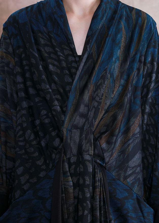 Style v neck pockets Outfits blue print loose Dress fall