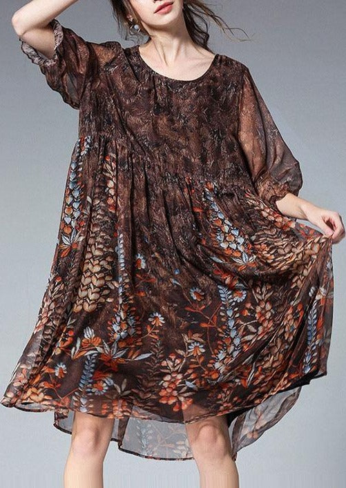 Unique Blue Print Tunic Pattern O Neck Cinched Plus Size Summer Dresses