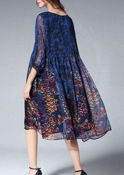 Unique Blue Print Tunic Pattern O Neck Cinched Plus Size Summer Dresses