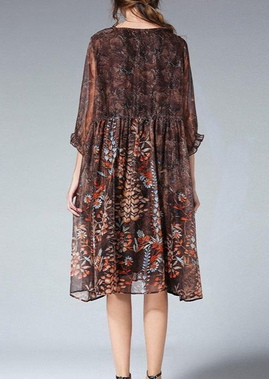 Unique Blue Print Tunic Pattern O Neck Cinched Plus Size Summer Dresses