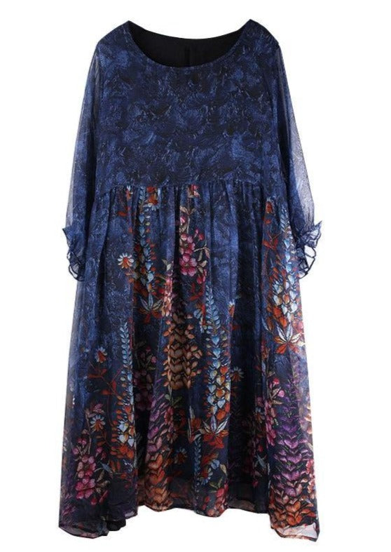 Unique Blue Print Tunic Pattern O Neck Cinched Plus Size Summer Dresses